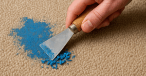 Scraping dried blue paint off carpet with a metal tool.
