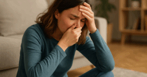 Woman indoors reacting to strong odor, covering nose in discomfort