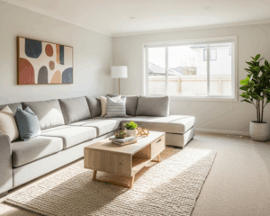A bright, cozy living room with freshly cleaned beige carpet, natural sunlight, modern family home interior