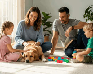 Happy family with children and dog relaxing on a freshly cleaned carpet in a sunlit living room